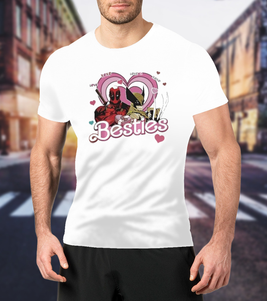 Deadpool Wolverine Love Hearts Besties Cute Friends T-Shirt