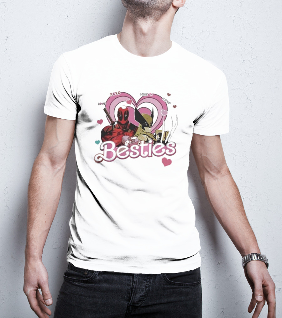 Deadpool Wolverine Love Hearts Besties Cute Friends T-Shirt