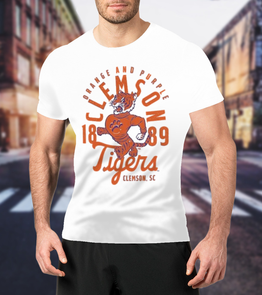 Clemson Tigers Orange And Purple Mascot Overlay 1889 Clemson SC T-Shirt