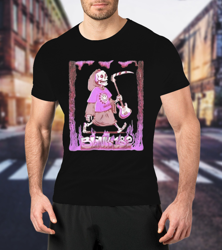 Blink-182 Grim Reaper Skeleton With Guitar Flame Border T-Shirt