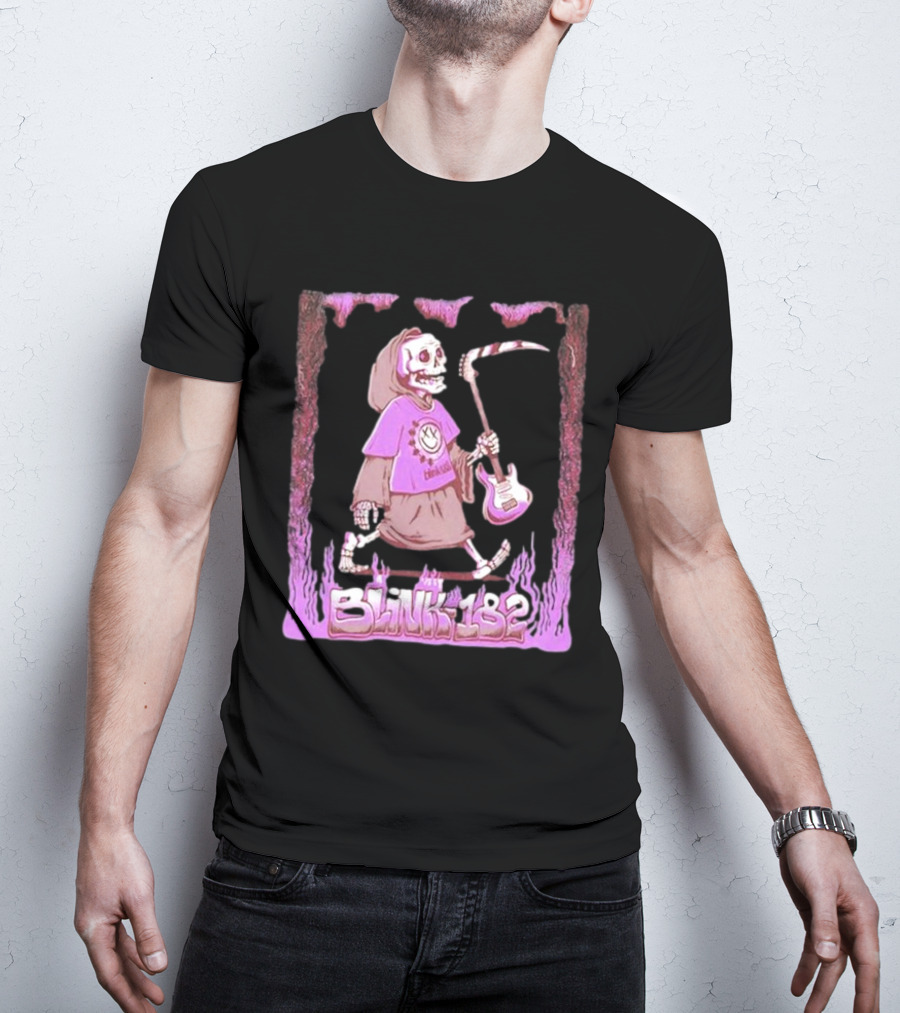 Blink-182 Grim Reaper Skeleton With Guitar Flame Border T-Shirt