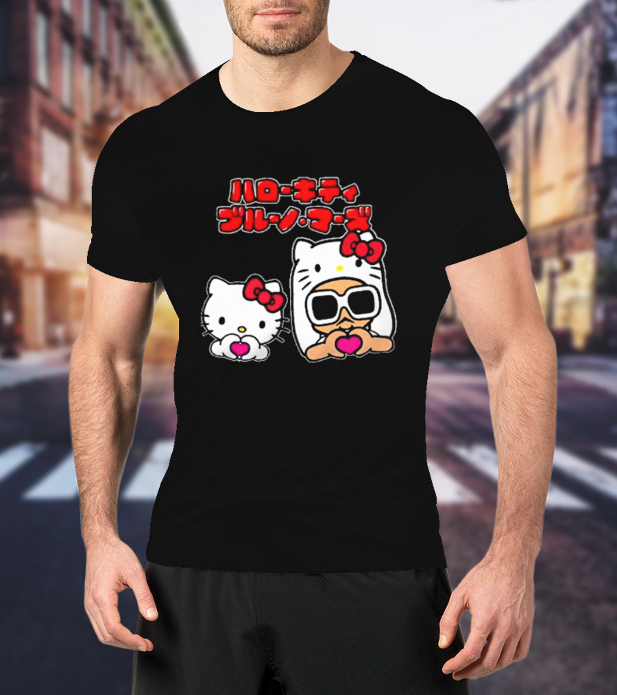 Bruno Mars X Hello Kitty Collaboration Japan Style Cute Characters With Sunglasses And Heart T-Shirt