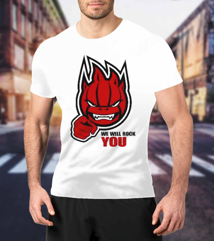 Sir Safety Perugia We Will Rock You Red Flame Character With Pointing Finger T-Shirt