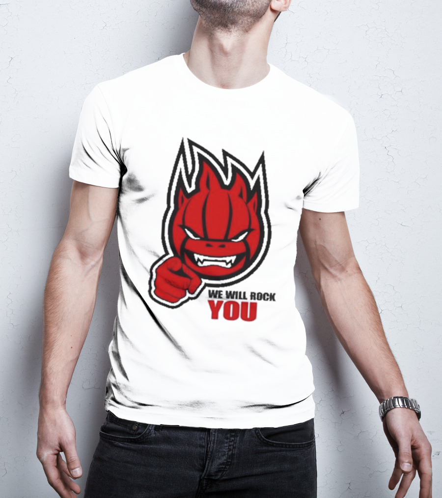 Sir Safety Perugia We Will Rock You Red Flame Character With Pointing Finger T-Shirt