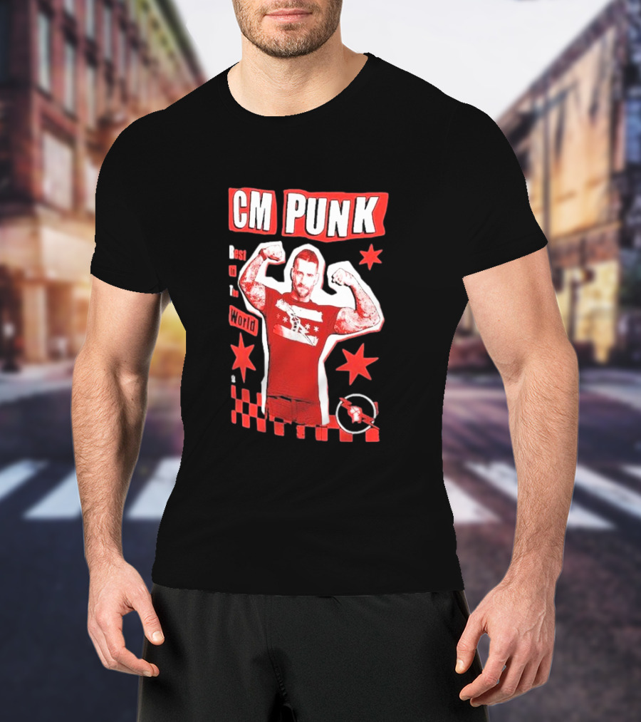 CM Punk Best In The World Star Power Flex Pose Red Stars Checker T-Shirt