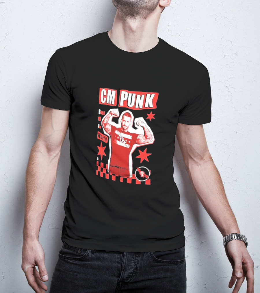 CM Punk Best In The World Star Power Flex Pose Red Stars Checker T-Shirt