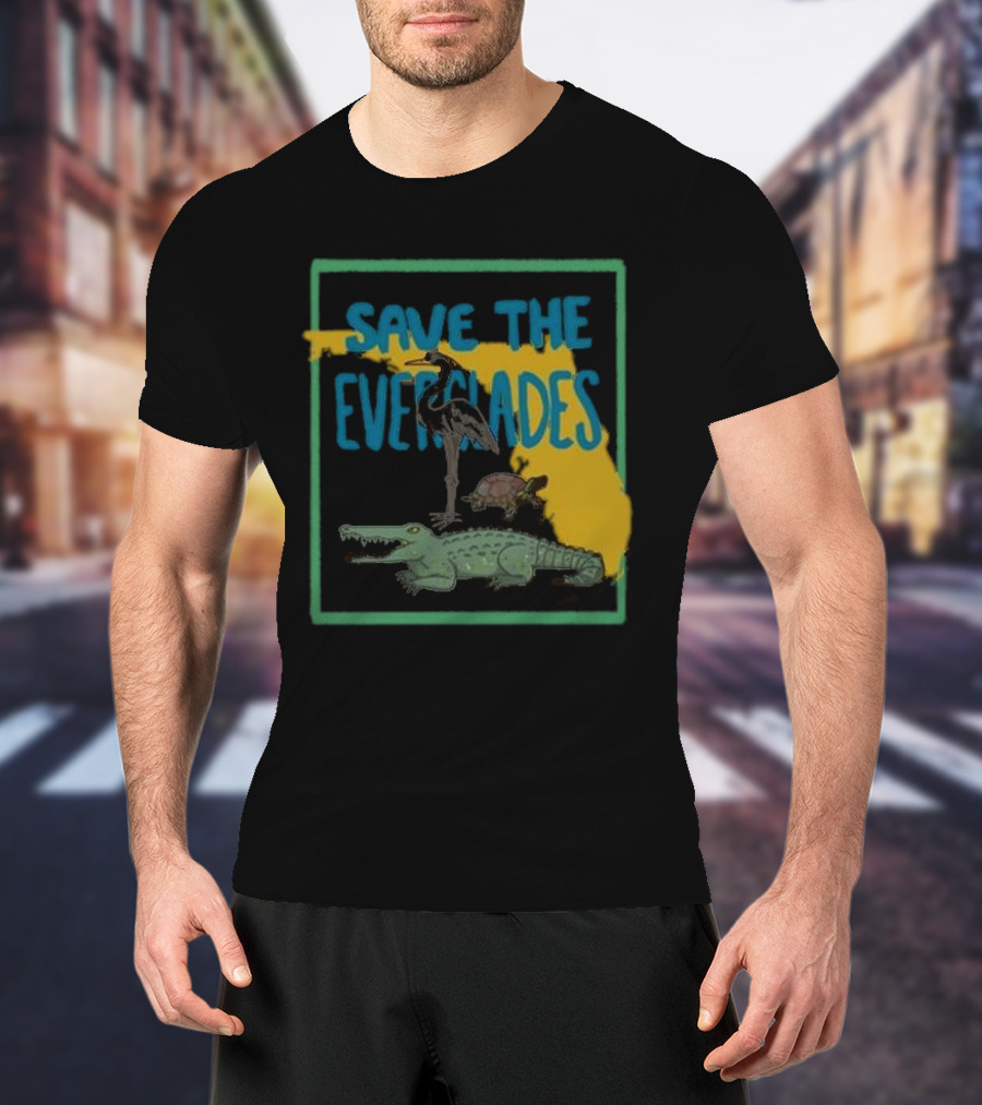 Gators Daily Save The Everglades Florida Map With Alligator, Heron, And Turtle T-Shirt