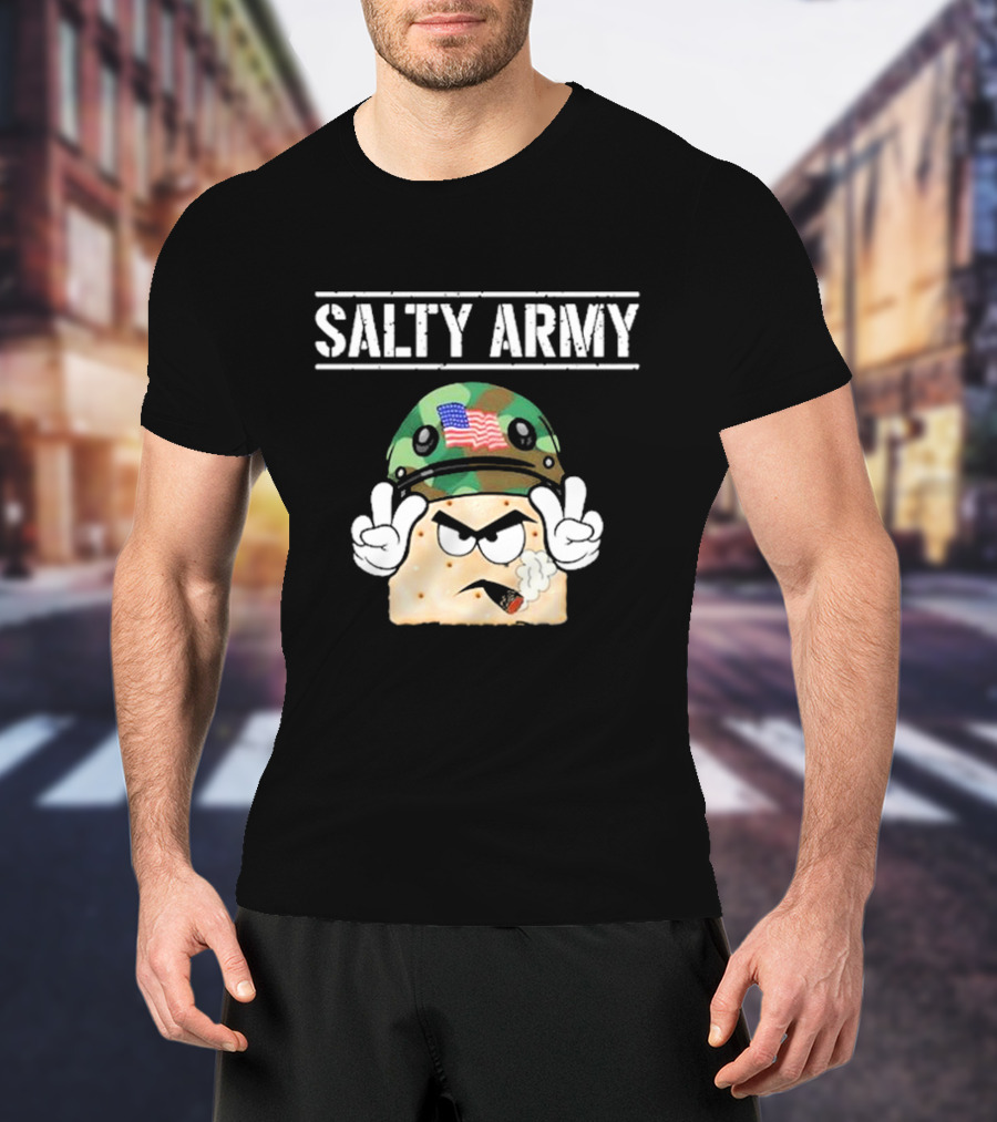 Salty Army Cracker With Camouflage Helmet Smoking Cigarette T-Shirt