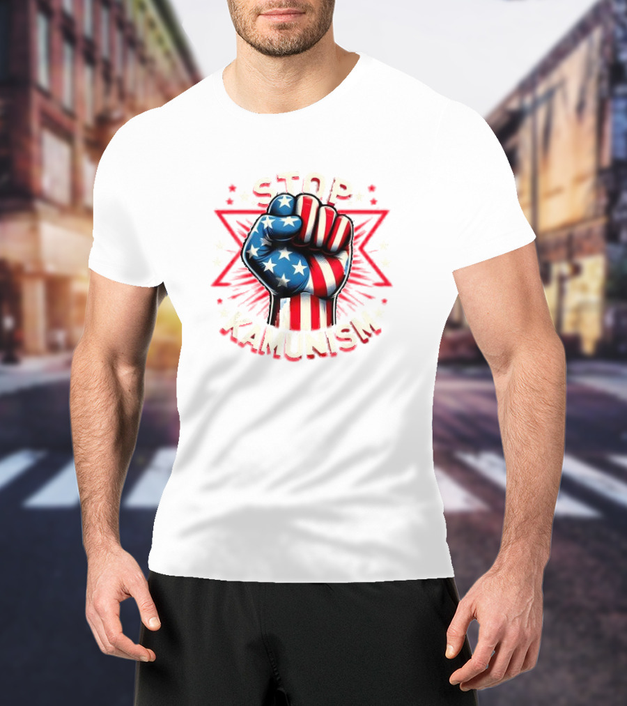 Stop Kamunism American Flag Fist With Stars And Red Stripes T-Shirt