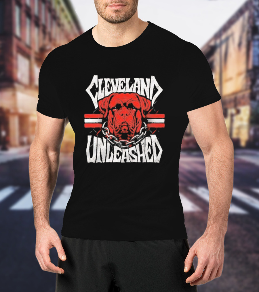 Cleveland Unleashed Dog With Chains And Stripes T-Shirt