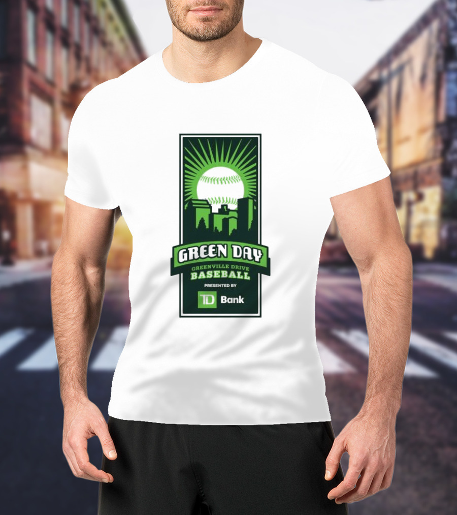 Green Day Greenville Drive Baseball Presented By TD Bank Skyline Baseball Sunburst T-Shirt