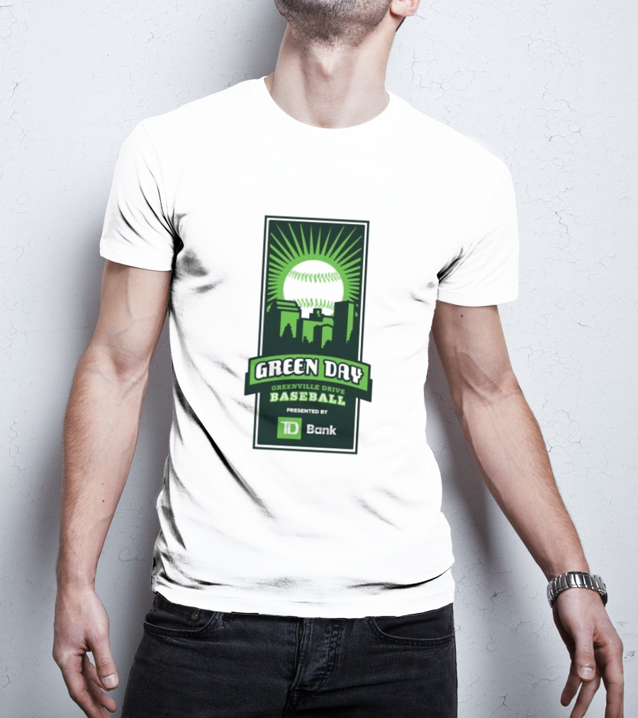 Green Day Greenville Drive Baseball Presented By TD Bank Skyline Baseball Sunburst T-Shirt