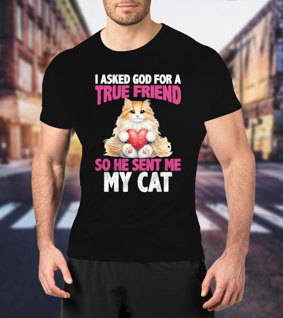 I Asked God For A True Friend So He Sent Me My Cat Fluffy Cat With Heart T-Shirt