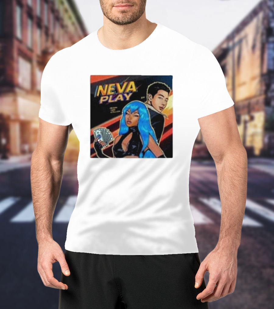 Megan Thee Stallion Neva Play Comic Style Artwork With Blue-Haired Character And Cards T-Shirt