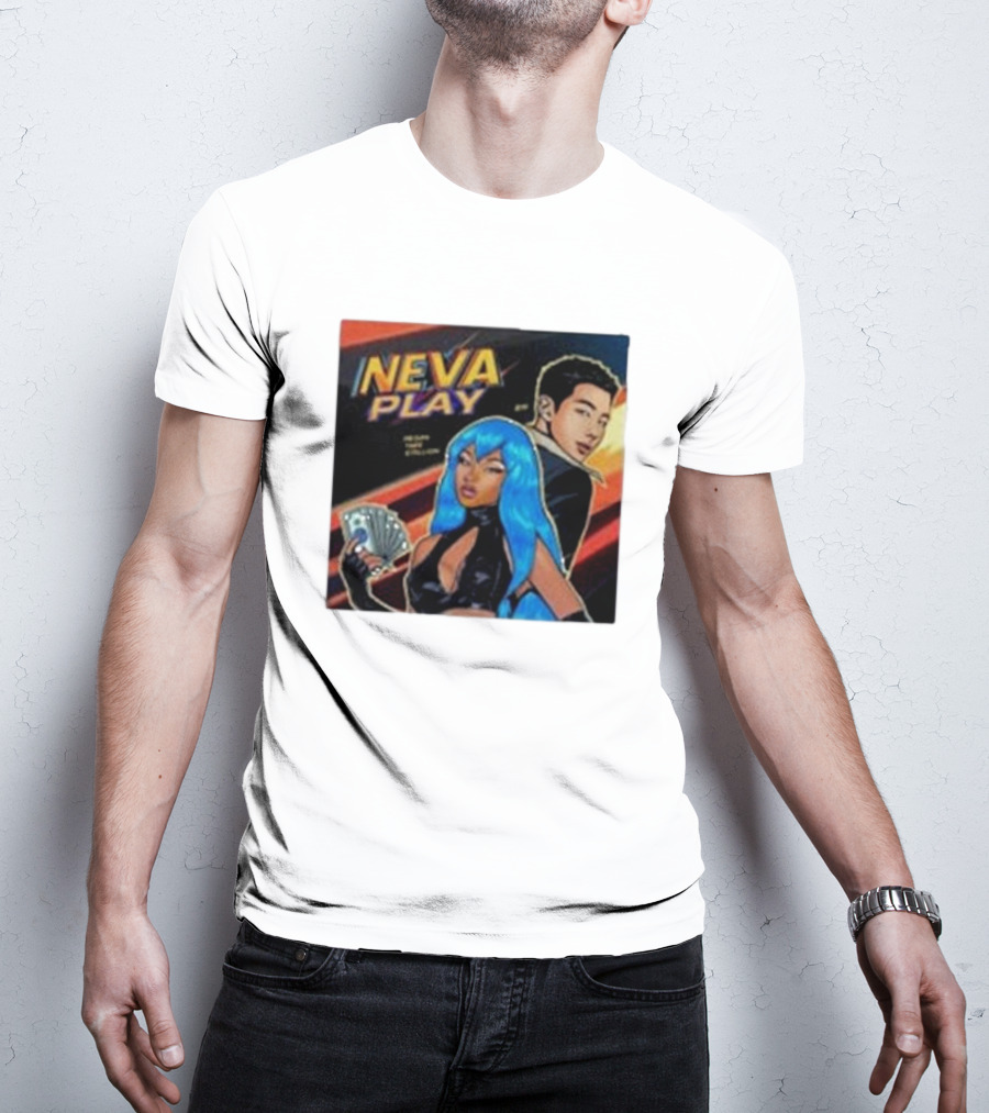 Megan Thee Stallion Neva Play Comic Style Artwork With Blue-Haired Character And Cards T-Shirt