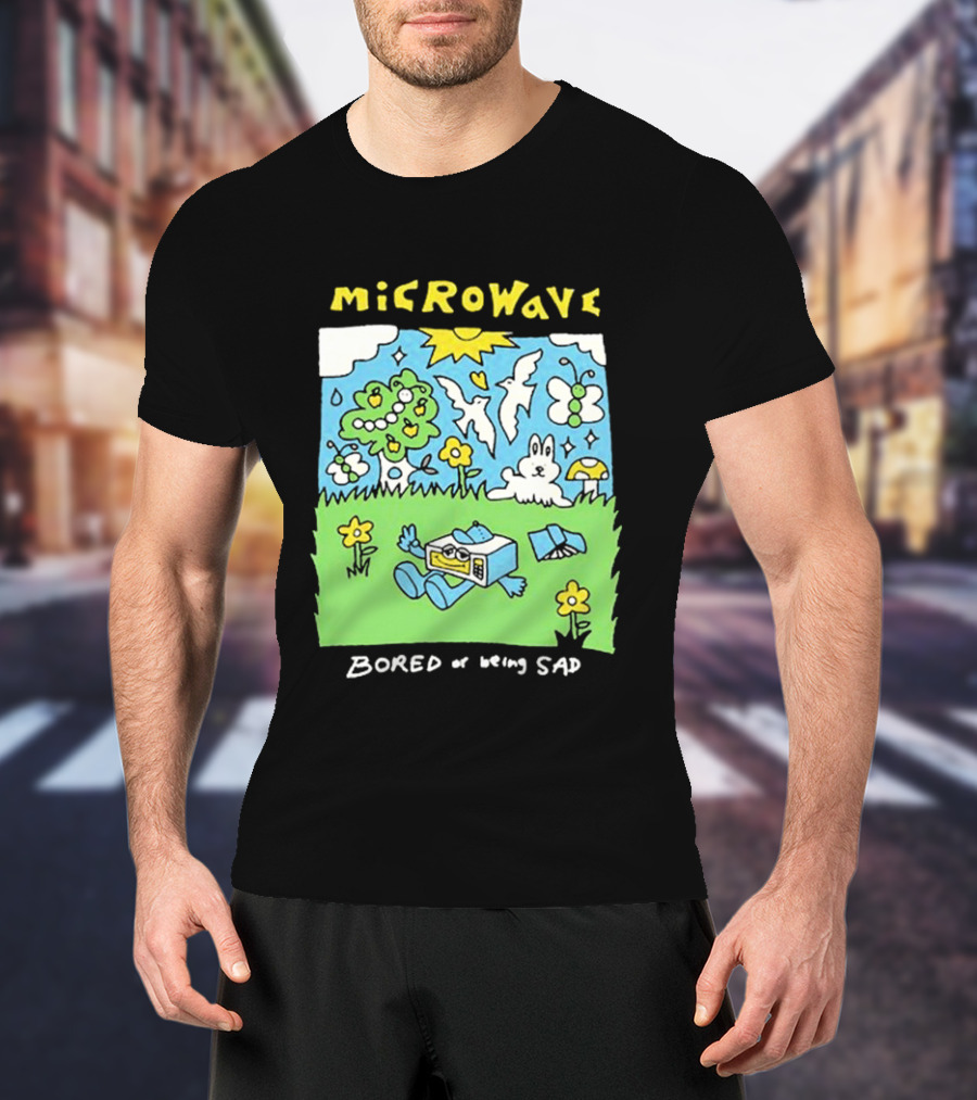Microwave Bored Of Being Sad Colorful Cartoon Landscape With Sun And Bunny T-Shirt