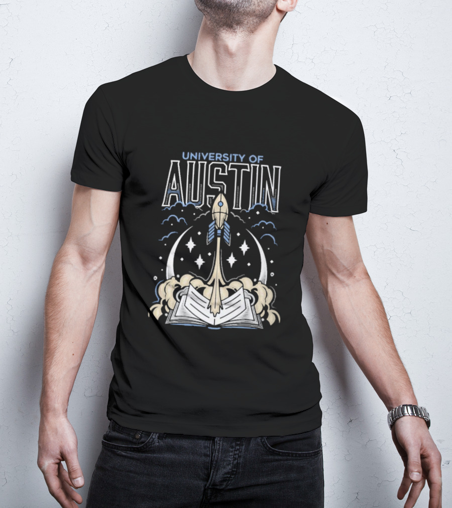 University Of Austin Rocket Book Imagery With Stars And Clouds T-Shirt