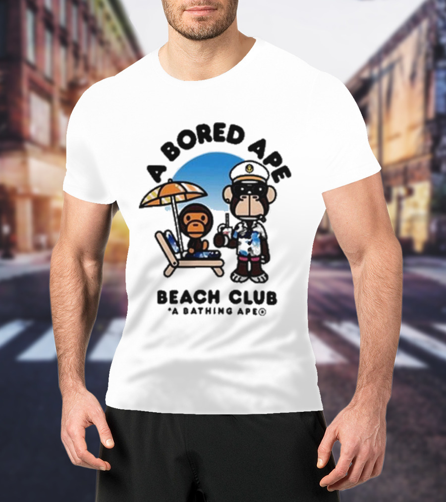 A Bored Ape Beach Club A Bathing Ape Officer And Relaxing Ape Scene T-Shirt