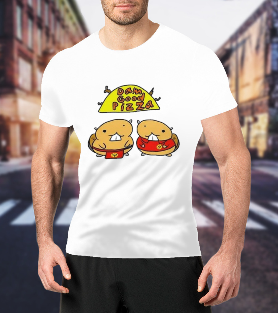 Dam Good Pizza Beaver Characters Duo In Red With Iconic Yellow Cheese Slice T-Shirt