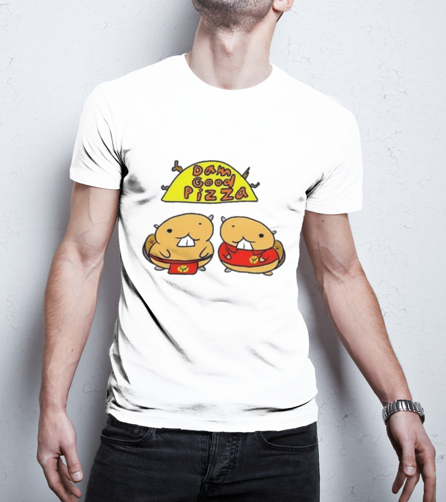 Dam Good Pizza Beaver Characters Duo In Red With Iconic Yellow Cheese Slice T-Shirt