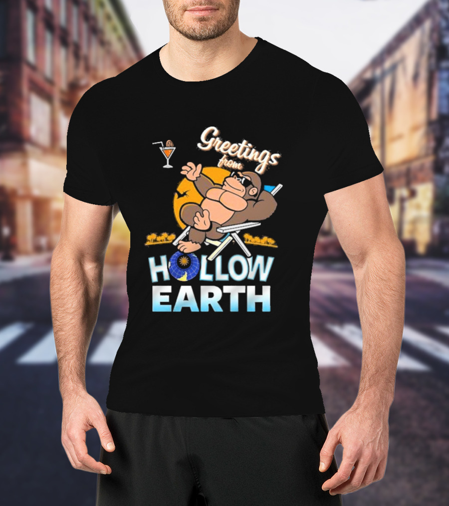 Greetings From Hollow Earth Giant Monster Relaxing With Tropical Cocktail T-Shirt