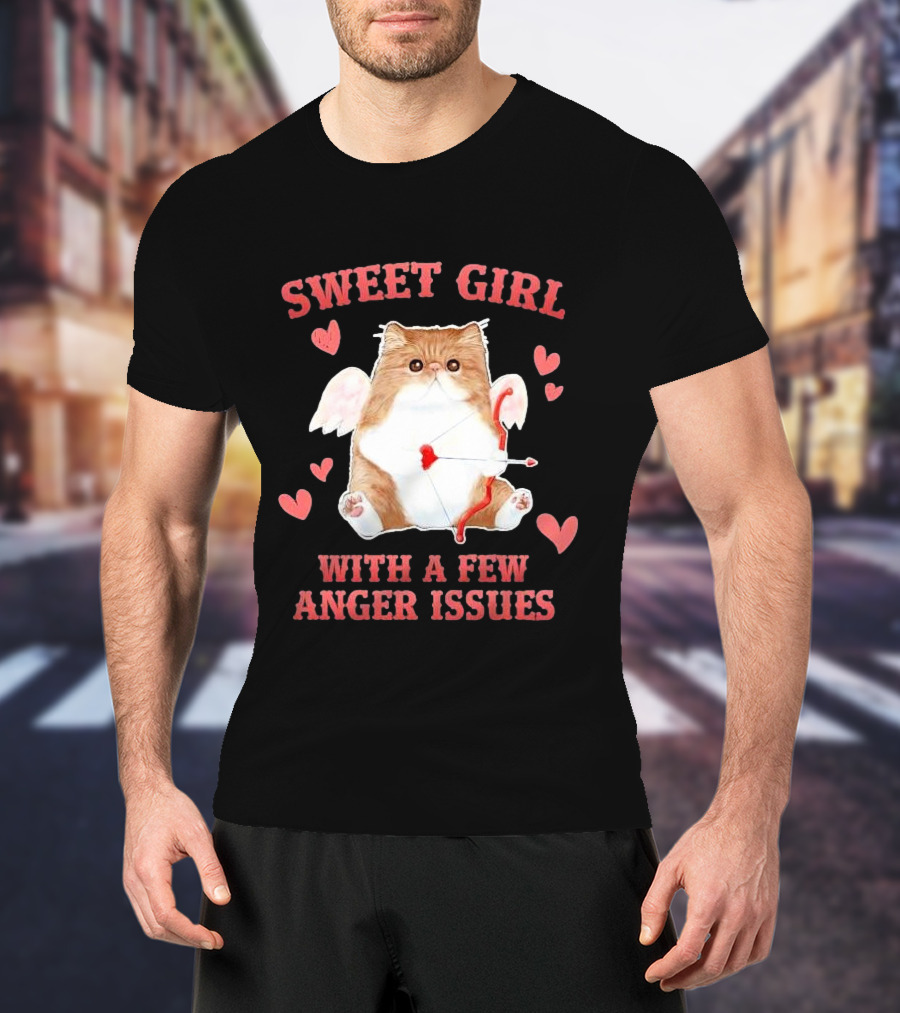 Sweet Girl With A Few Anger Issues Cat With Bow And Arrow Vintage Hearts T-Shirt
