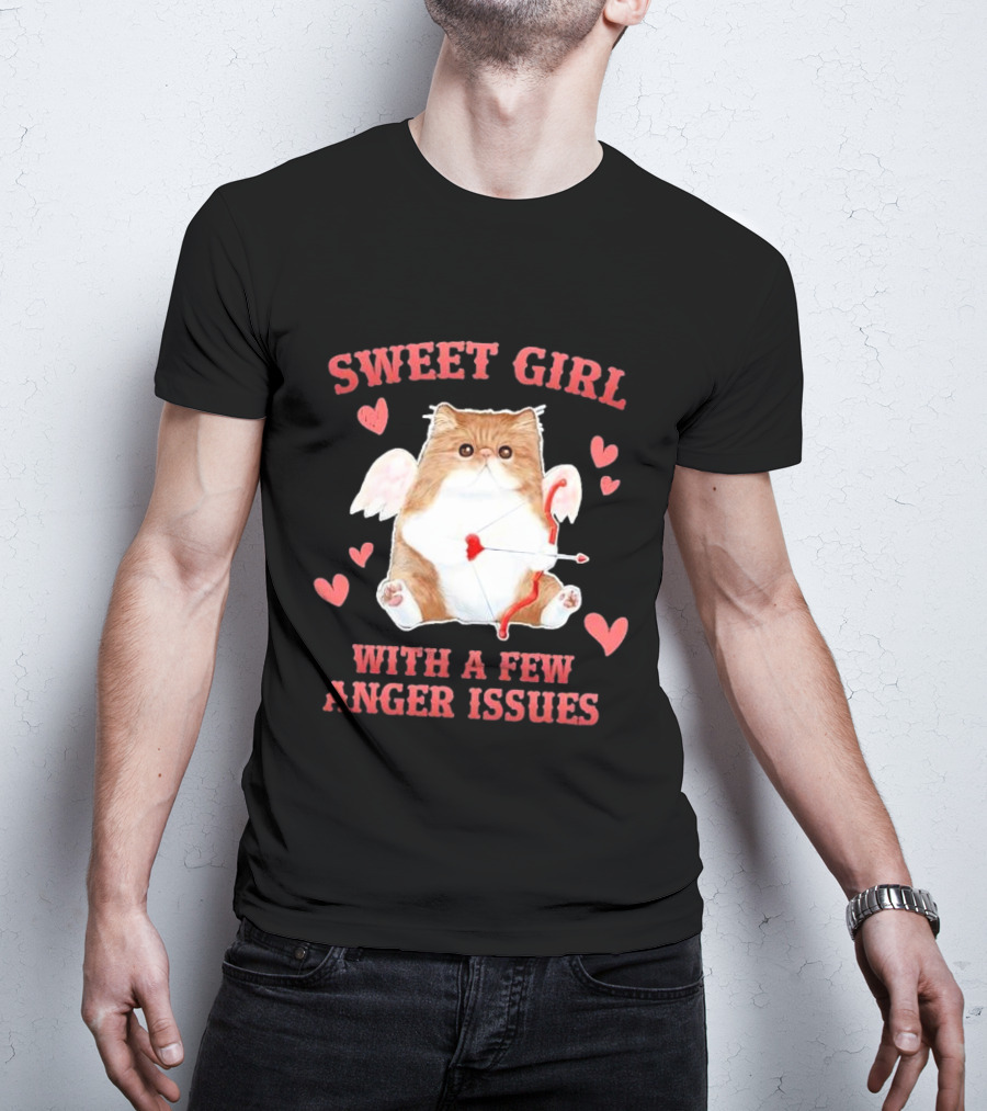 Sweet Girl With A Few Anger Issues Cat With Bow And Arrow Vintage Hearts T-Shirt