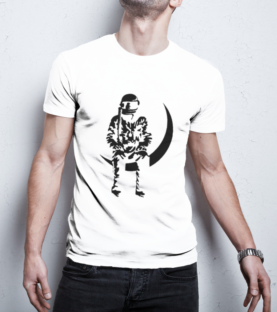 To The Stars Moon Man Astronaut Sitting On Crescent Ocean Blue T-Shirt