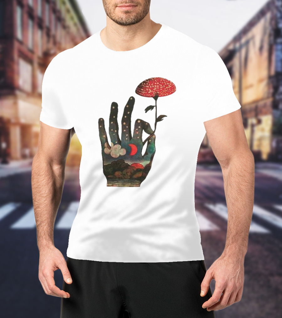 Fly Agaric Psychedelic Hand With Night Sky And Moon T-Shirt