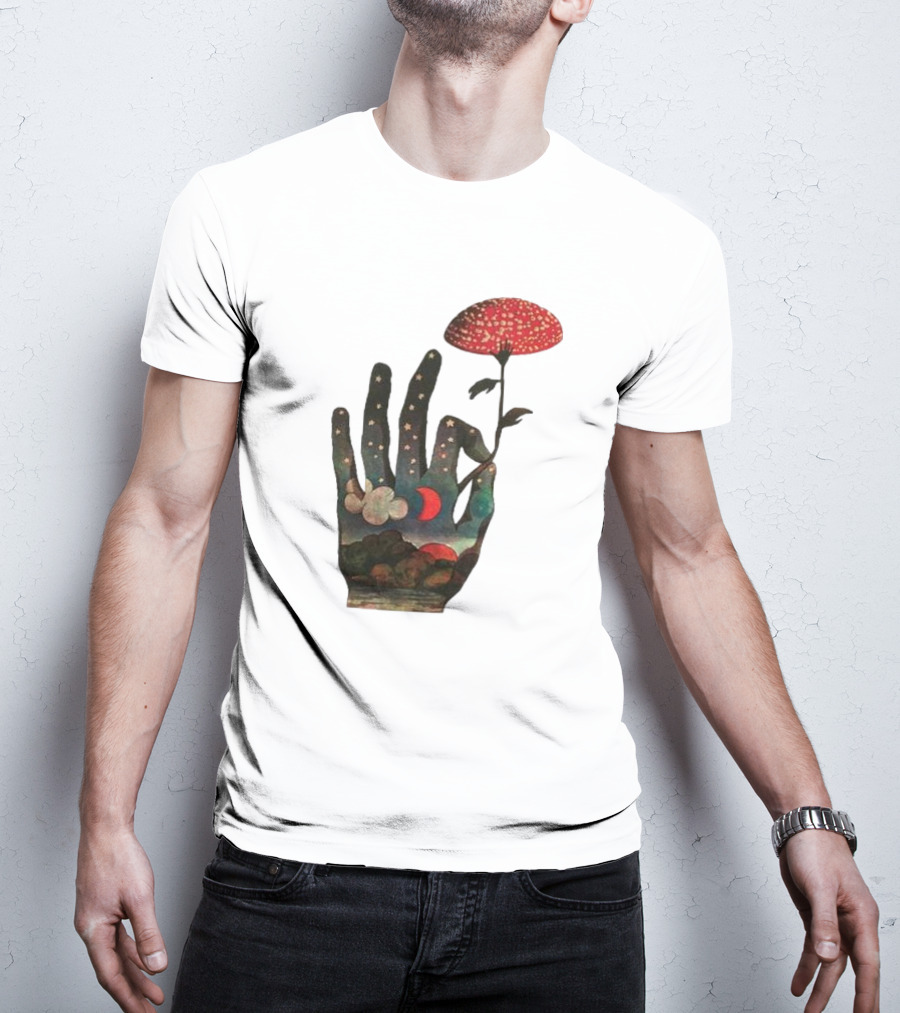 Fly Agaric Psychedelic Hand With Night Sky And Moon T-Shirt