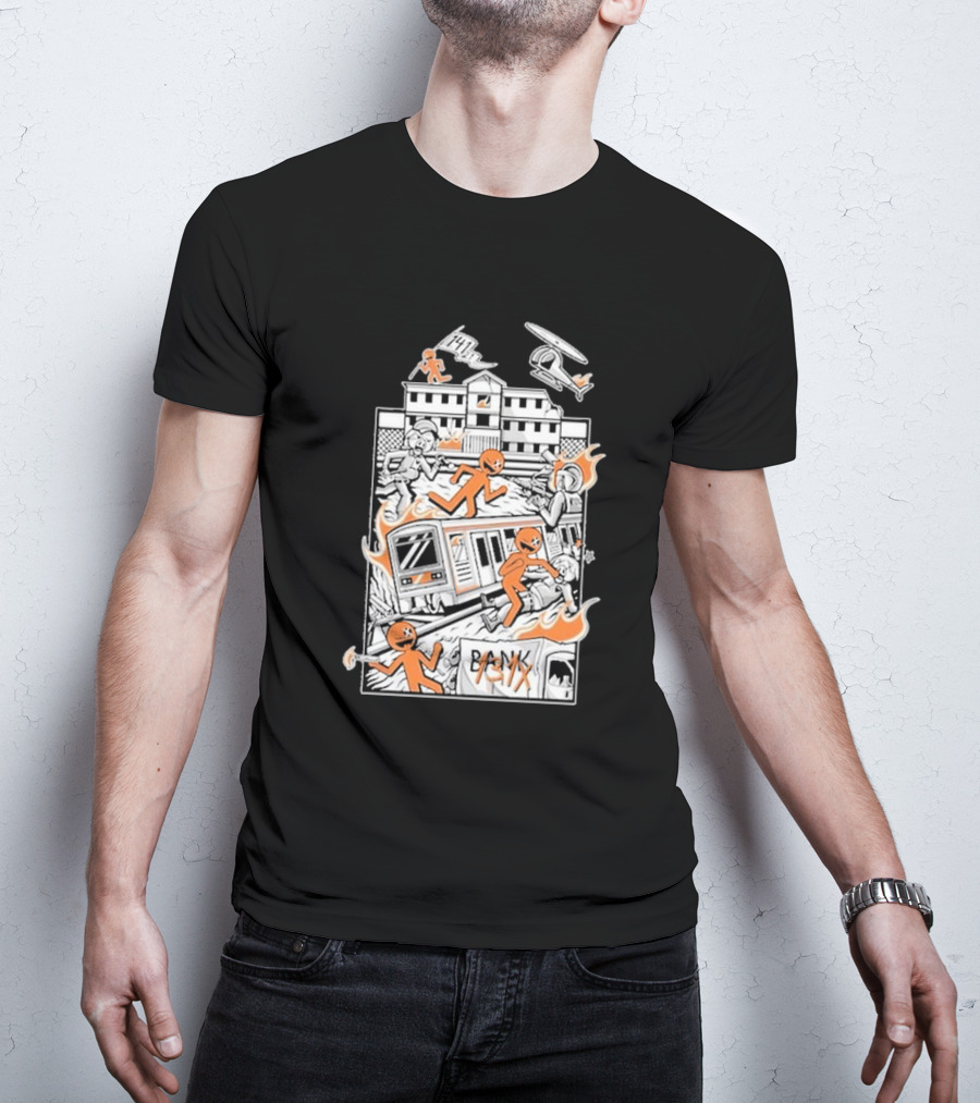 Dani Gambino Stick Figures Chaos Fire Helicopter Bank T-Shirt
