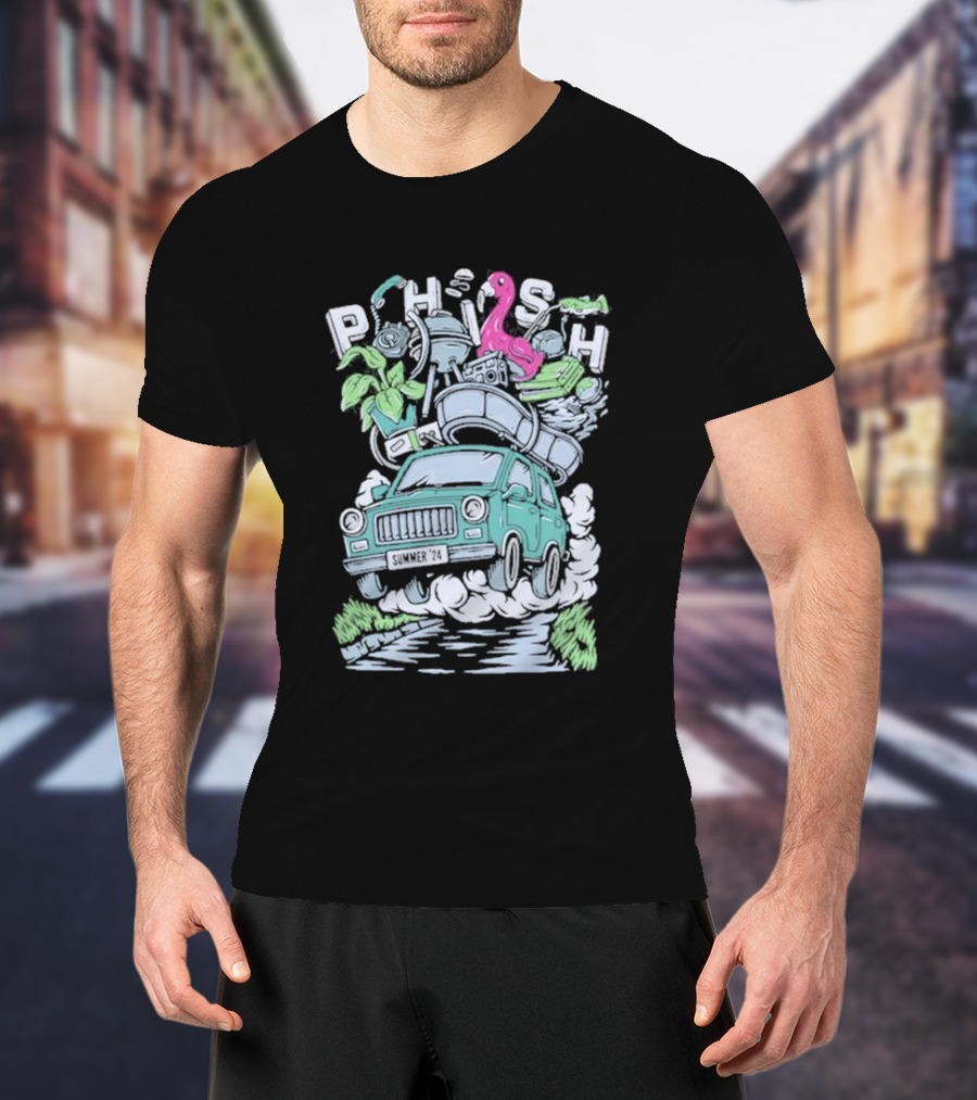 Phish Summer 24 Impossible Road Trip Van With Flamingo And Floating Gear T-Shirt