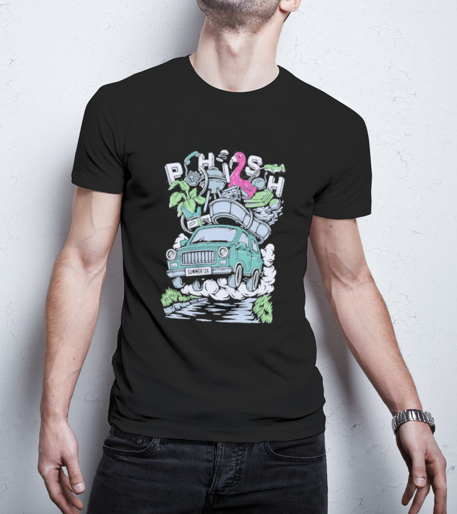 Phish Summer 24 Impossible Road Trip Van With Flamingo And Floating Gear T-Shirt