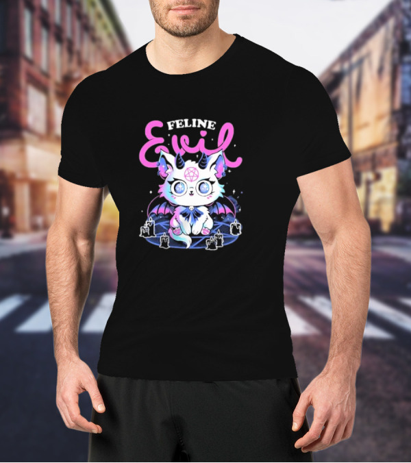 Feline Evil Cute Devil Cat With Pentagram And Bat Wings T-Shirt