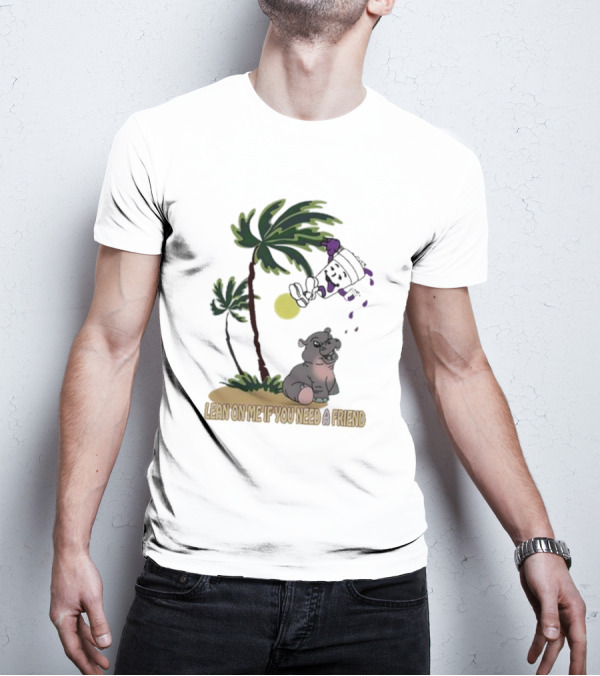 Grapejuiceboys Lean On Me If You Need A Friend Moo Deng Palm Tree Tropical Scene T-Shirt