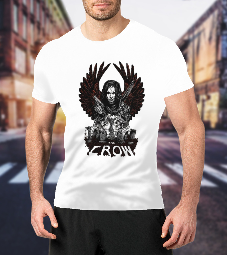 The Crow Winged Figure With Cemetery Background And Gothic Text The Crow T-Shirt