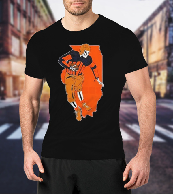 Il Football Pocket Skeleton Player Over Illinois Map T-Shirt