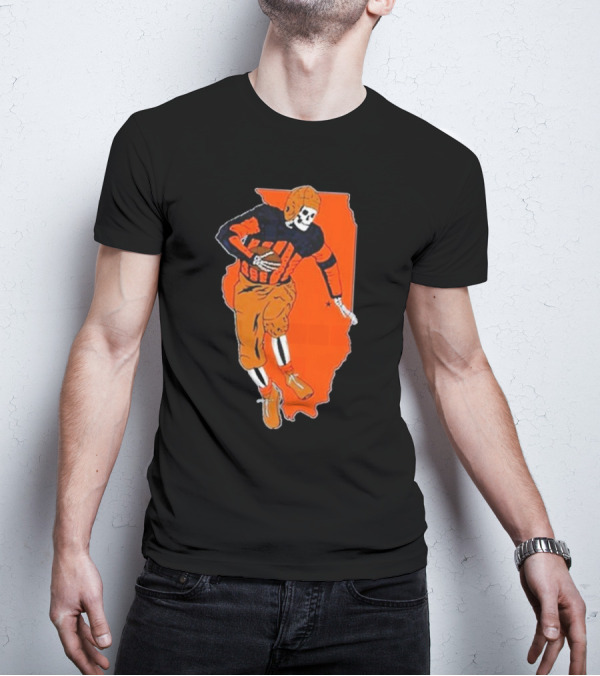 Il Football Pocket Skeleton Player Over Illinois Map T-Shirt
