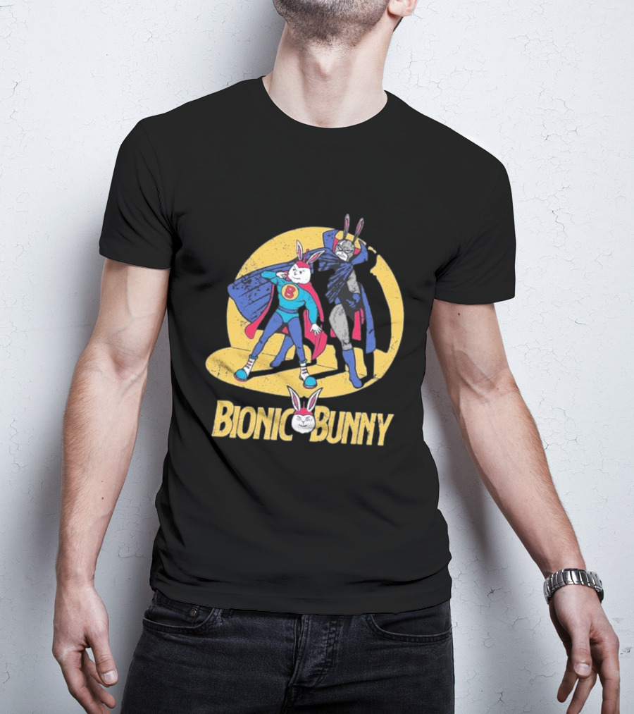 Bionic Bunny Superhero Duo With Colorful Cape And Moon Background T-Shirt