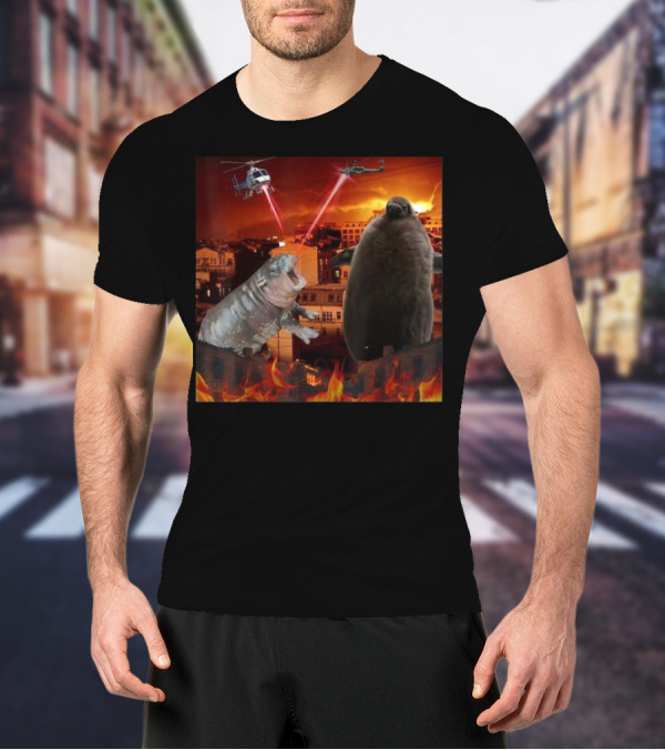 Moo Deng And Pesto Battle Urban Showdown With Helicopters And Laser Beams T-Shirt