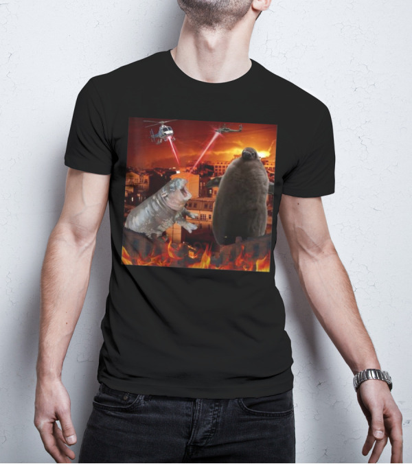 Moo Deng And Pesto Battle Urban Showdown With Helicopters And Laser Beams T-Shirt