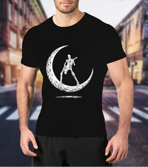 Skeleton Playing Guitar On Crescent Moon Rock And Roll Band T-Shirt