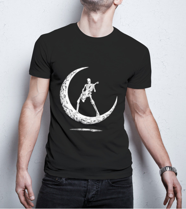 Skeleton Playing Guitar On Crescent Moon Rock And Roll Band T-Shirt