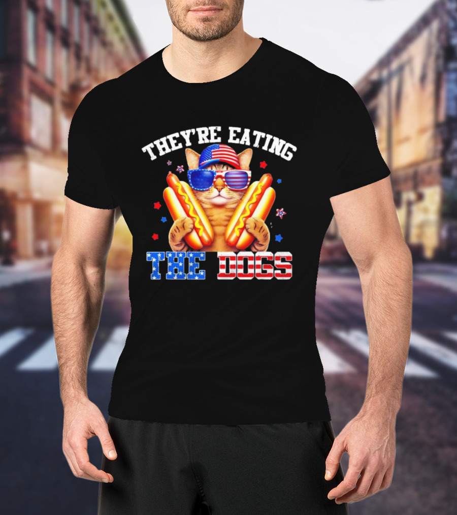 They’re Eating The Dogs Patriotic Cat With Hotdogs And American Flag Sunglasses T-Shirt