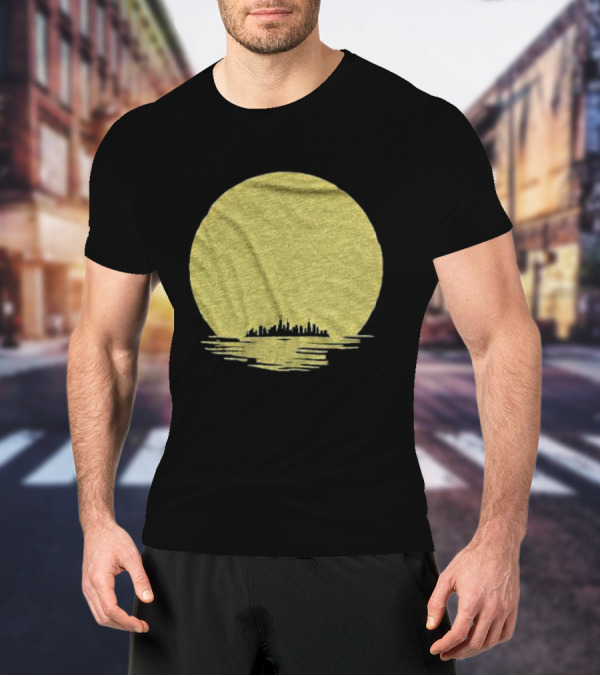 Michigan Skyline Reflected Under Golden Moon T-Shirt