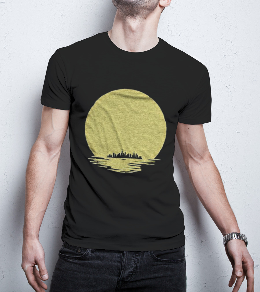 Michigan Skyline Reflected Under Golden Moon T-Shirt