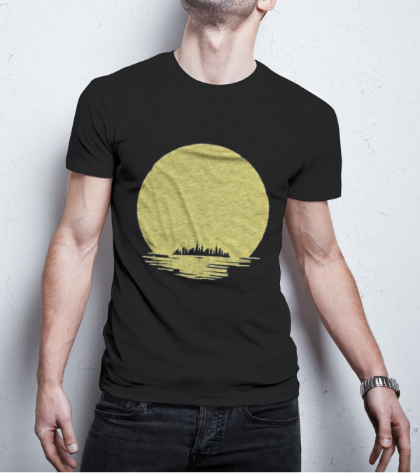 Michigan Skyline Reflected Under Golden Moon T-Shirt