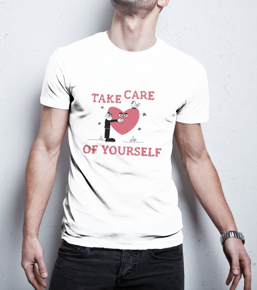 Take Care Of Yourself Heart With Cartoon Character And Bird T-Shirt
