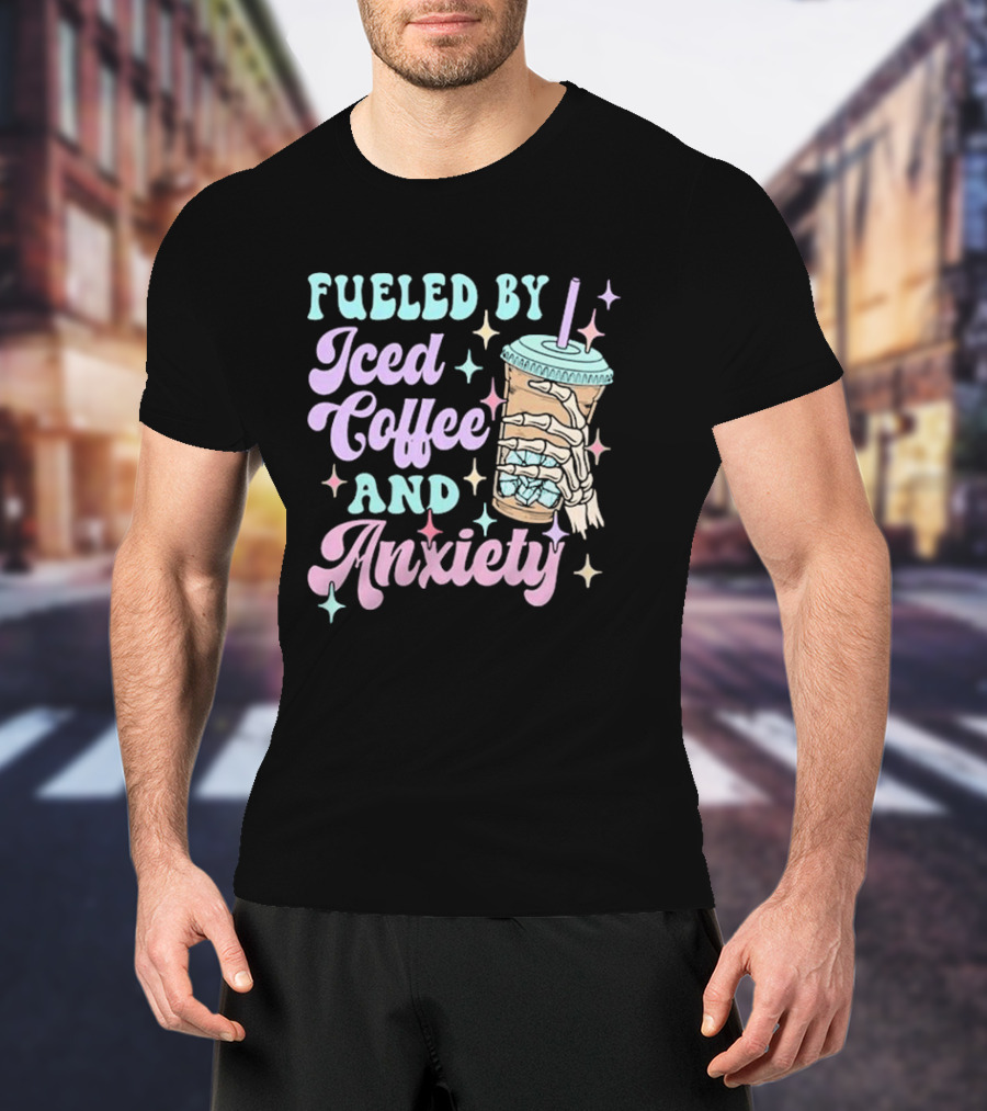 Fueled By Iced Coffee And Anxiety Skeleton Hand Pastel Aesthetic T-Shirt