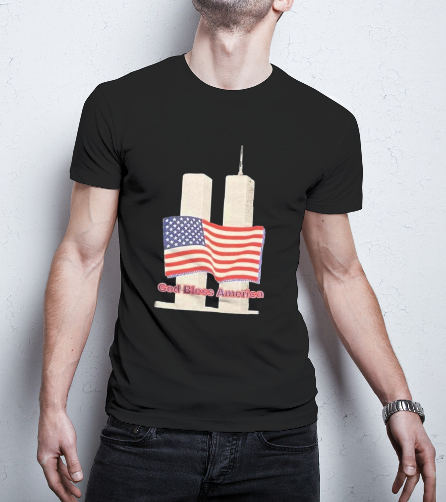 Vtg 9 11 Twin Towers God Bless America Flag T-Shirt